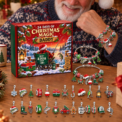 Personalized Best Dad Ever Fishing Christmas 24 Days Advent Calendar Bracelet Set With 24 Charms