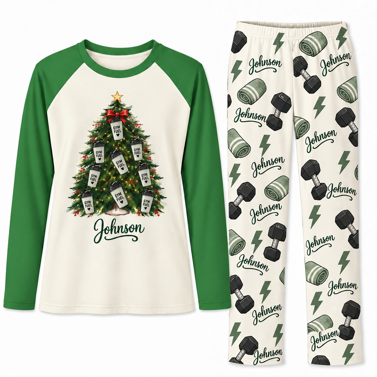 Personalized Name Gym Fuel Christmas Tree Matching Pajamas