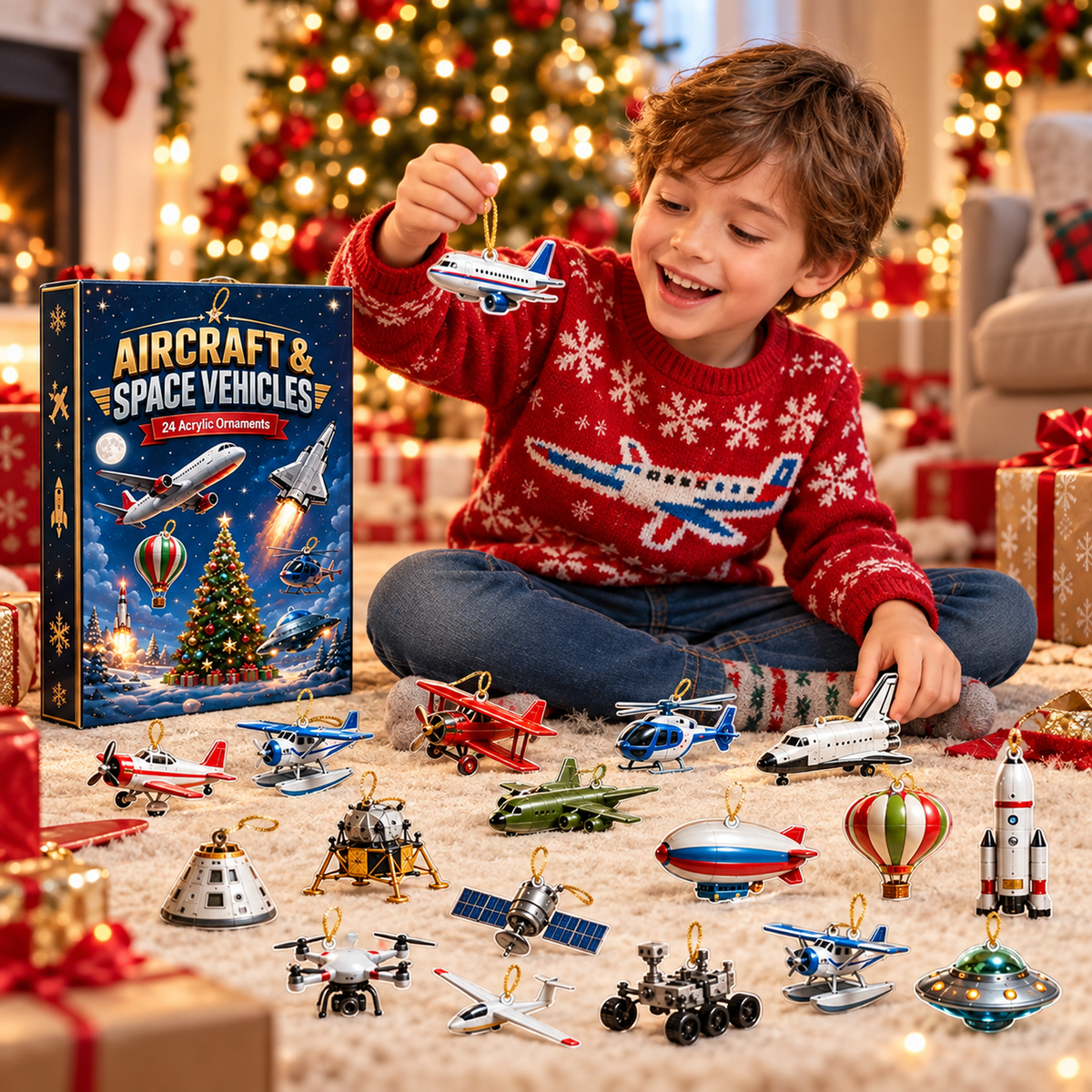 Personalized Aircraft & Space Vehicles Advent Calendar With 24 Acrylic Ornaments, Aviation Christmas Countdown