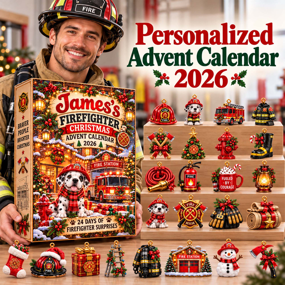 Personalized Firefighter Christmas Advent Calendar 2026 – 24 Days of Firefighter-Themed Collectible Ornaments