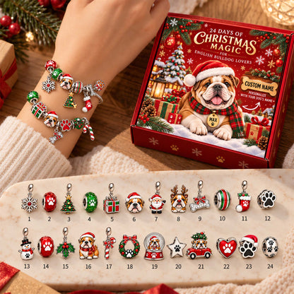 Personalized English Bulldog 24 Days Christmas Advent Calendar Bracelet Set With 24 Charms