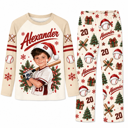 Custom Photo Baseball Player Santa Hat Matching Family Christmas Pajamas