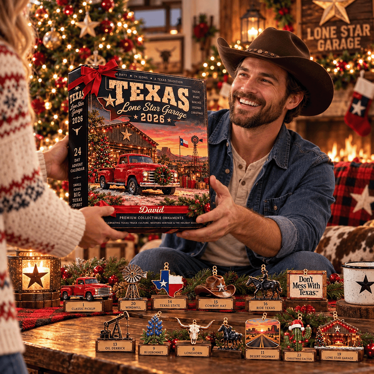 Personalized Texas Lone Star Garage Advent Calendar With Custom Name, 24 Texas Christmas Ornaments