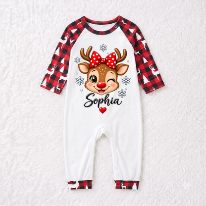 Cute Reindeer Plaid Personalized Family Christmas Pajamas