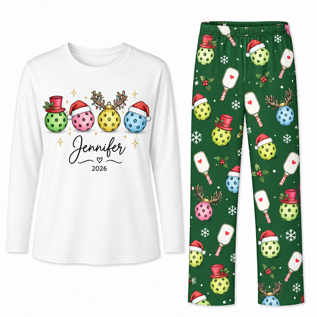 Personalized Name Cute Pickleball Christmas Ornaments Matching Family Pajamas