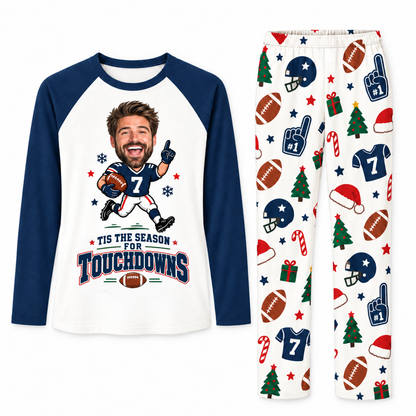 Funny Custom Face Football Tis The Season For Touchdowns Matching Christmas Pajamas