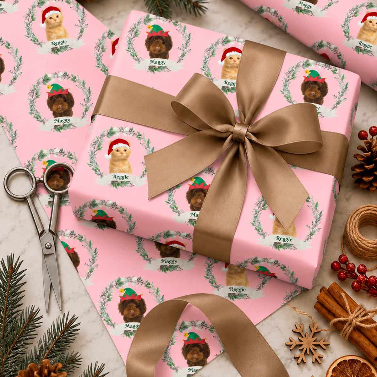 Personalized Pet Christmas Wreath Photo & Name Wrapping Paper for Dog and Cat Lovers