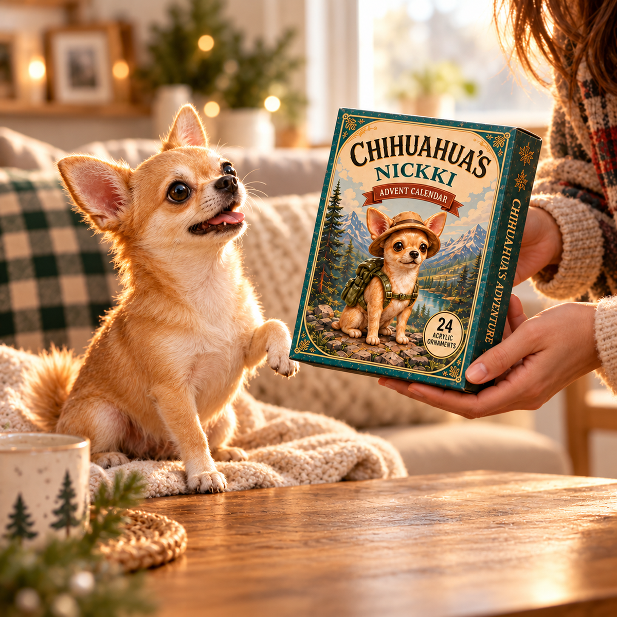 Personalized Chihuahua Adventure Advent Calendar With Custom Name, 24 Acrylic Dog Ornaments