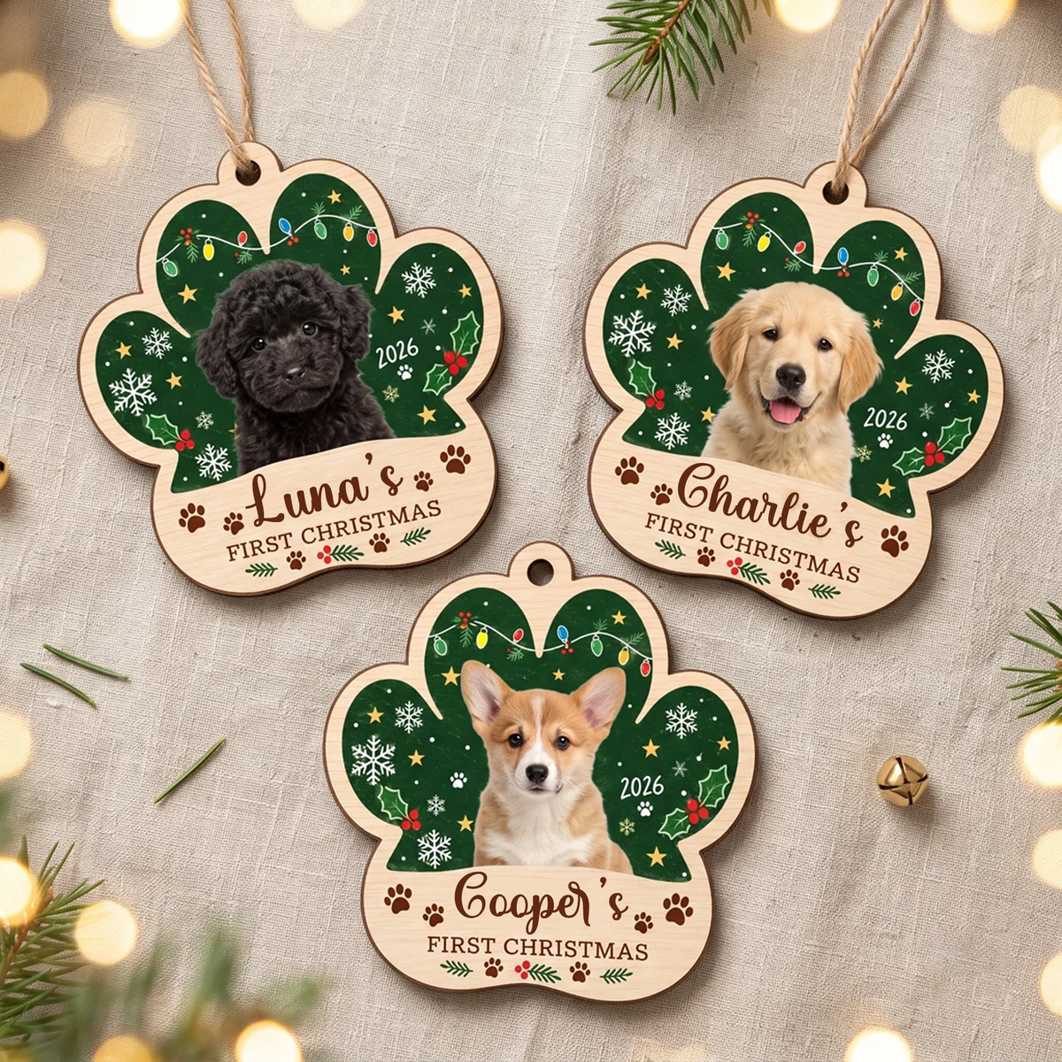 Dog's First Christmas Custom Photo Name Dog Photo Wooden Ornament