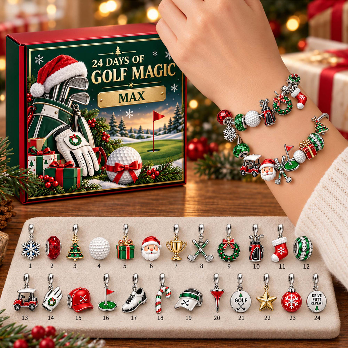 Personalized Golf Christmas 24 Days Advent Calendar Bracelet Set With 24 Charms
