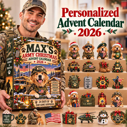 Personalized Military Dog Christmas Advent Calendar 2026 – 24 Patriotic Dog Ornaments