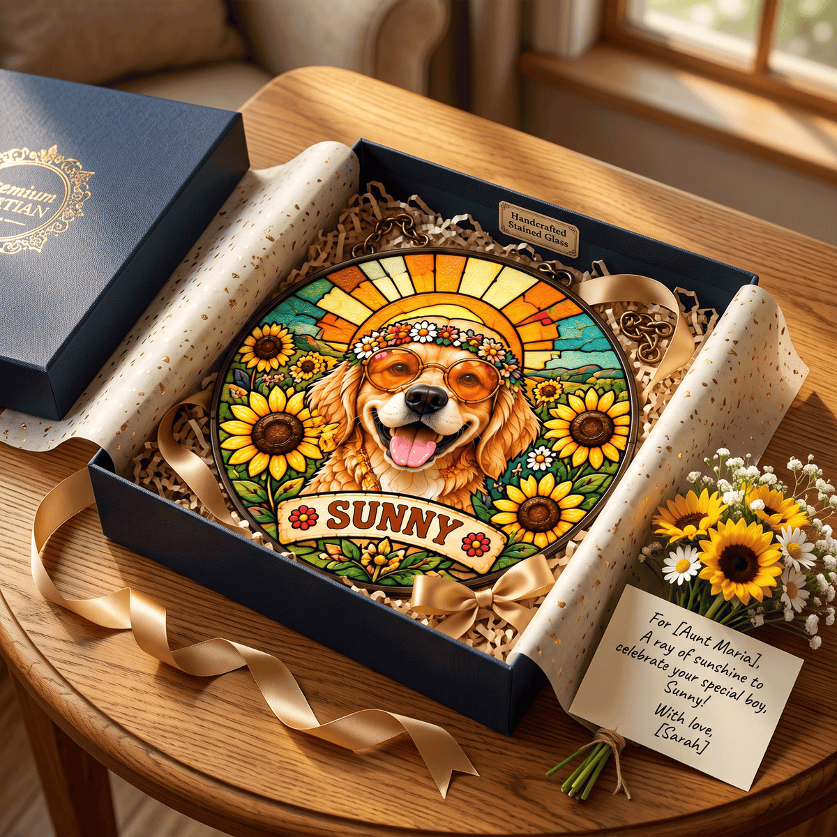 Personalized Hippie Pet Portrait Stained Glass Suncatcher – Custom Pet Name, Sunflower Boho Window Hanging Gift