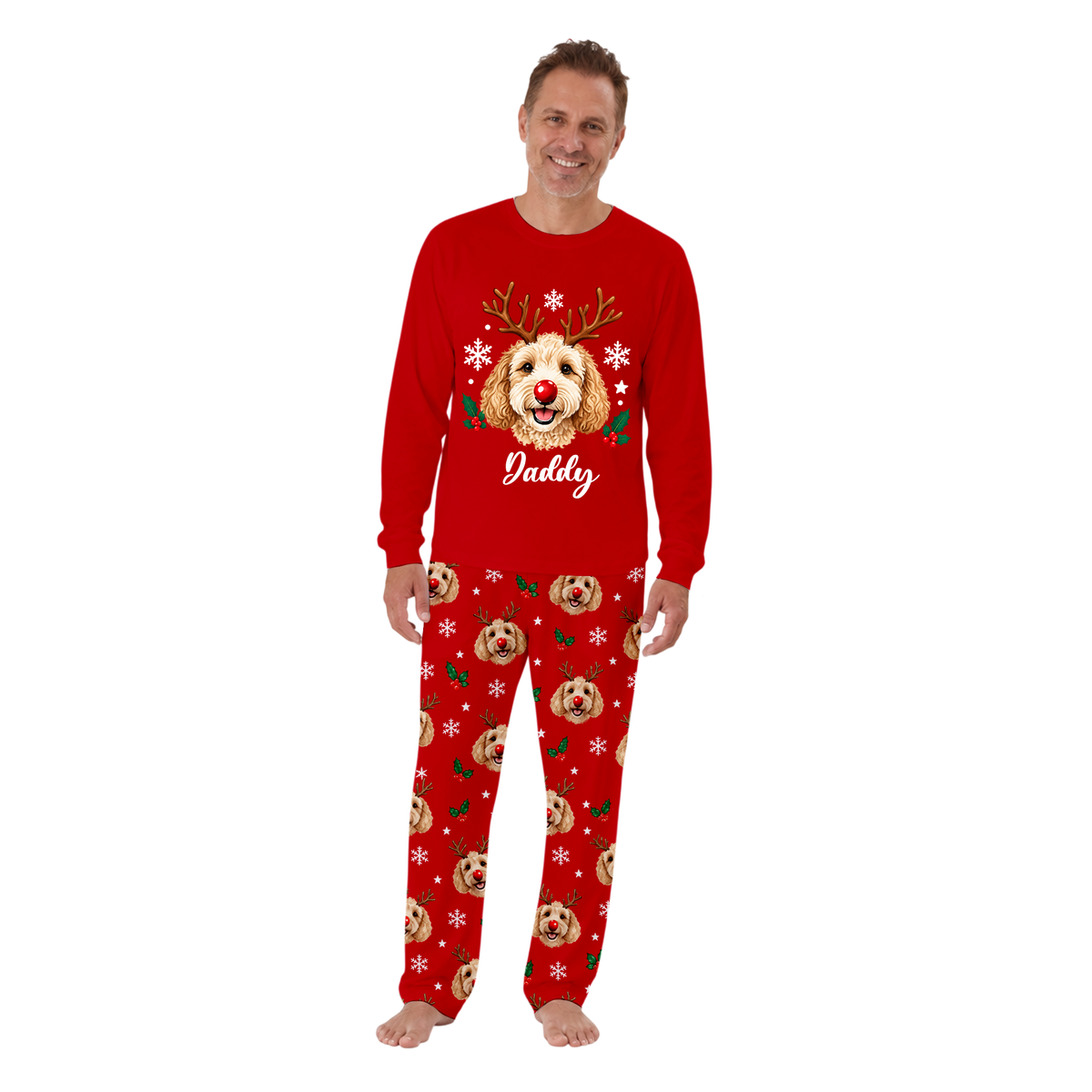 Custom Name Cute Dog Lover Reindeer Matching Family Christmas Pajamas With Pet