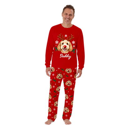Custom Name Cute Dog Lover Reindeer Matching Family Christmas Pajamas With Pet