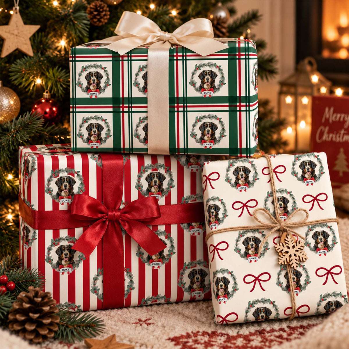 Personalized Pet Photo Christmas Wreath Plaid Wrapping Paper With Custom Name