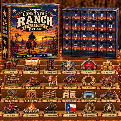 Personalized Texas Cowboy Advent Calendar 2026 – 24 Western Ranch Acrylic Ornaments, Custom Name Christmas Gift