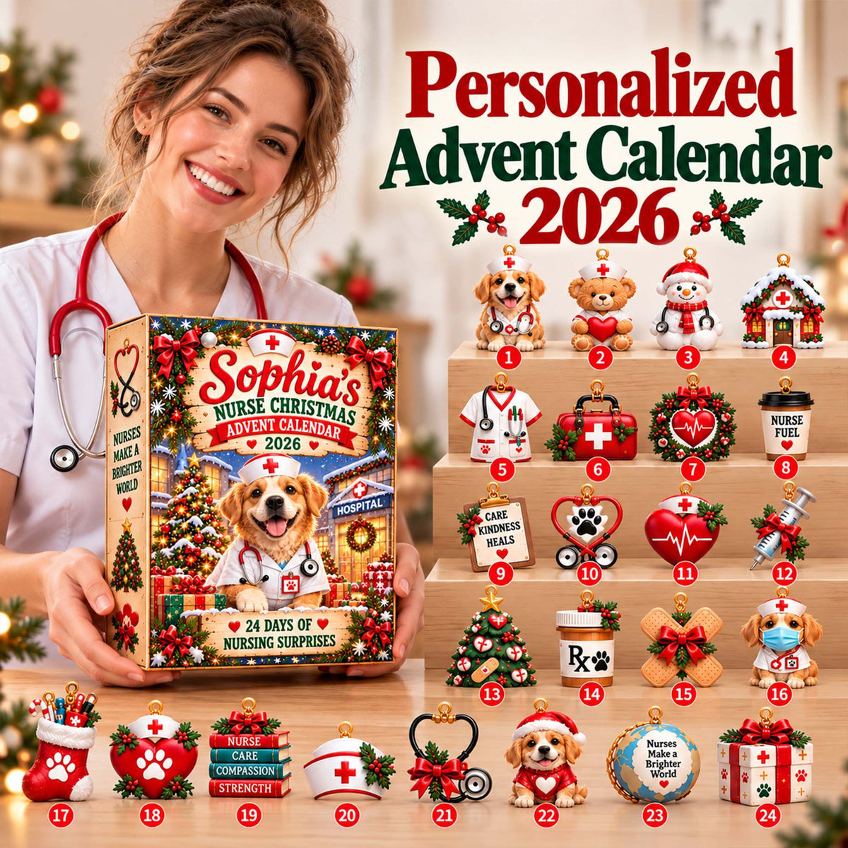 Personalized Nurse Christmas Advent Calendar 2026 – 24 Days of Nursing-Themed Collectible Ornaments for Nurses