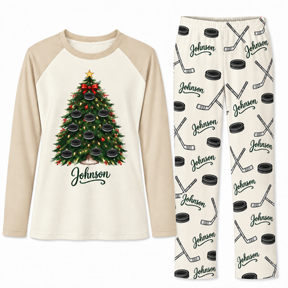 Custom Name Ice Hockey Christmas Tree Matching Pajama Sets