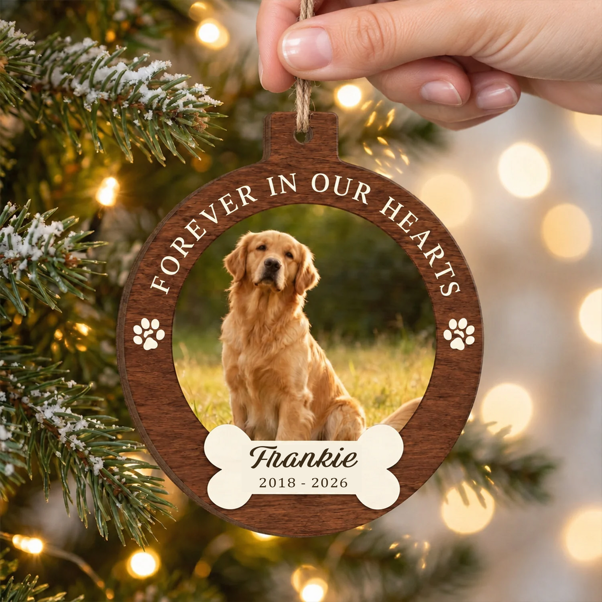 Your Pawprints Stay Forever - Personalized Wooden Ornament, Custom Pet Photo Memorial Christmas Ornament