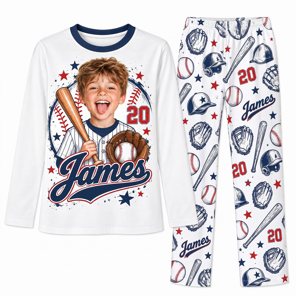 Custom Photo Name & Number Vintage Baseball Player Matching Family Pajamas