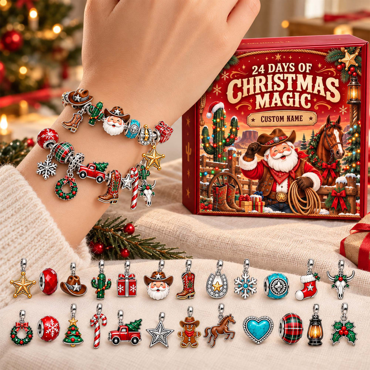Personalized Western Cowboy Santa Christmas 24 Days Advent Calendar Bracelet Set With 24 Charms