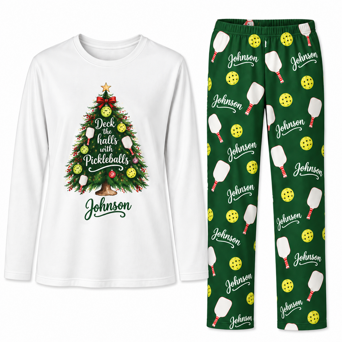Personalized Family Name Festive Pickleball Christmas Tree Matching Family Christmas Pajamas