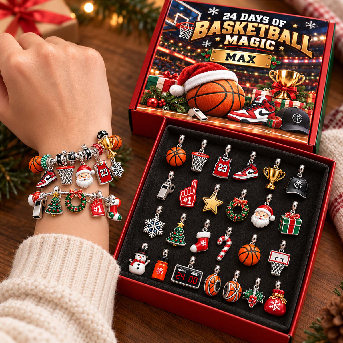 Personalized Basketball Christmas 24 Days Advent Calendar Bracelet Set With 24 Charms