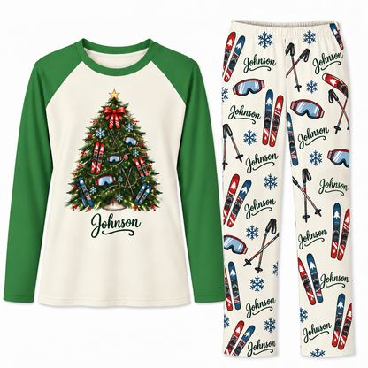 Personalized Family Name Skis & Snowflakes Christmas Tree Matching Pajamas