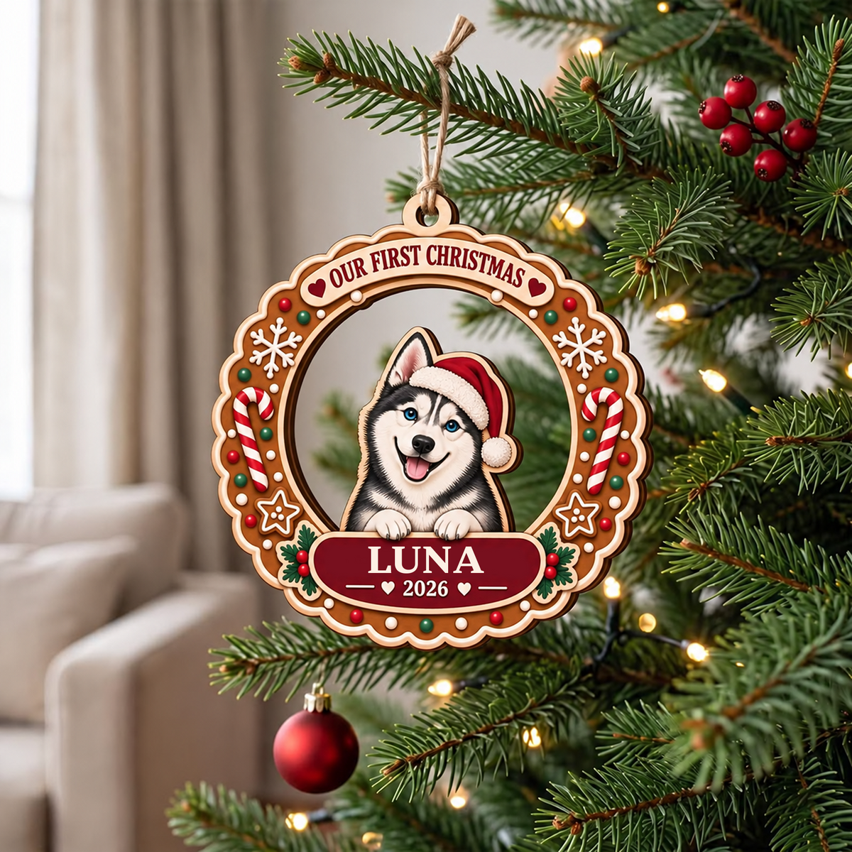Personalized Dog Christmas Ornament – Our First Christmas Pet Name & Year Keepsake