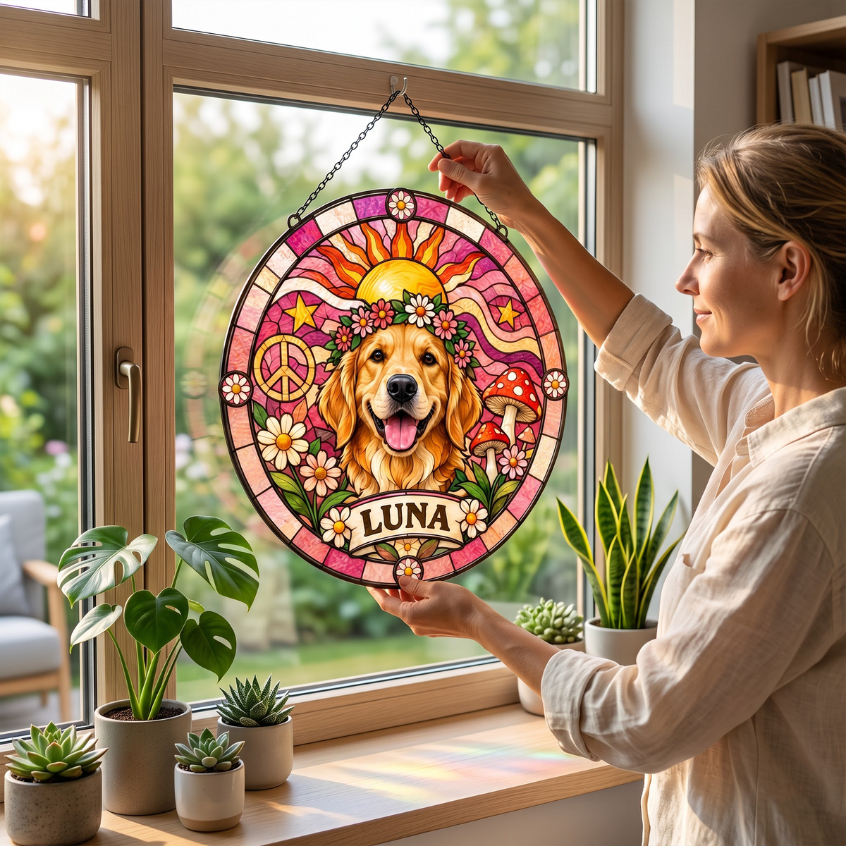 Personalized Pet Portrait Hippie Stained Glass Suncatcher – Custom Pet Name, Floral Peace Window Hanging Gift