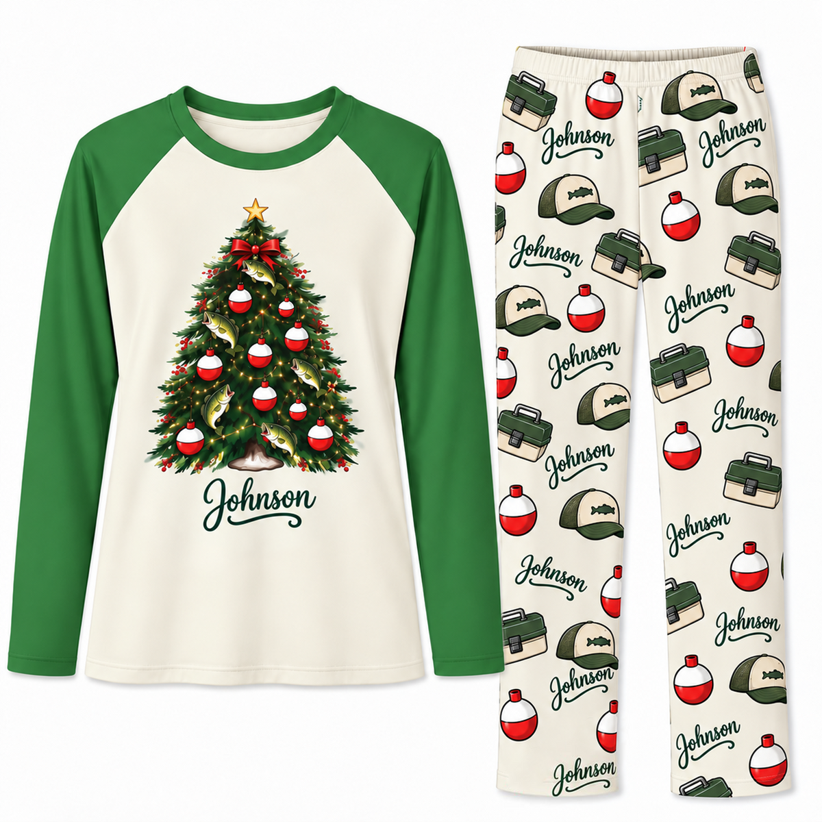 Custom Name Cute Fishing Christmas Tree Pajama Sets