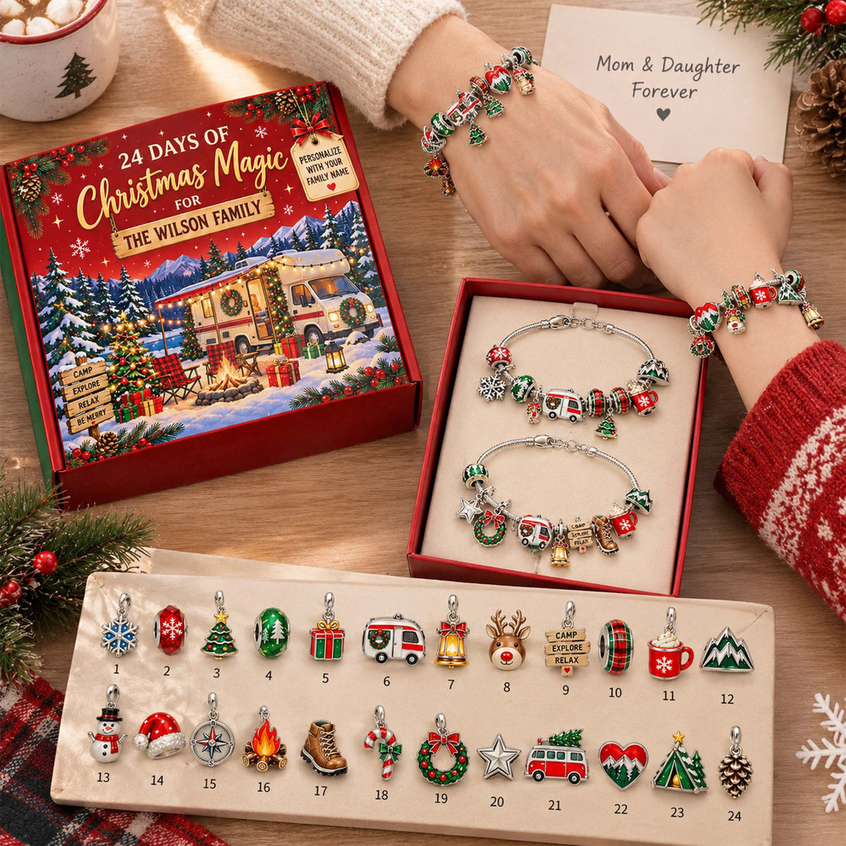 Personalized Family RV Camping Christmas 24 Days Advent Calendar Bracelet Set With 24 Charms