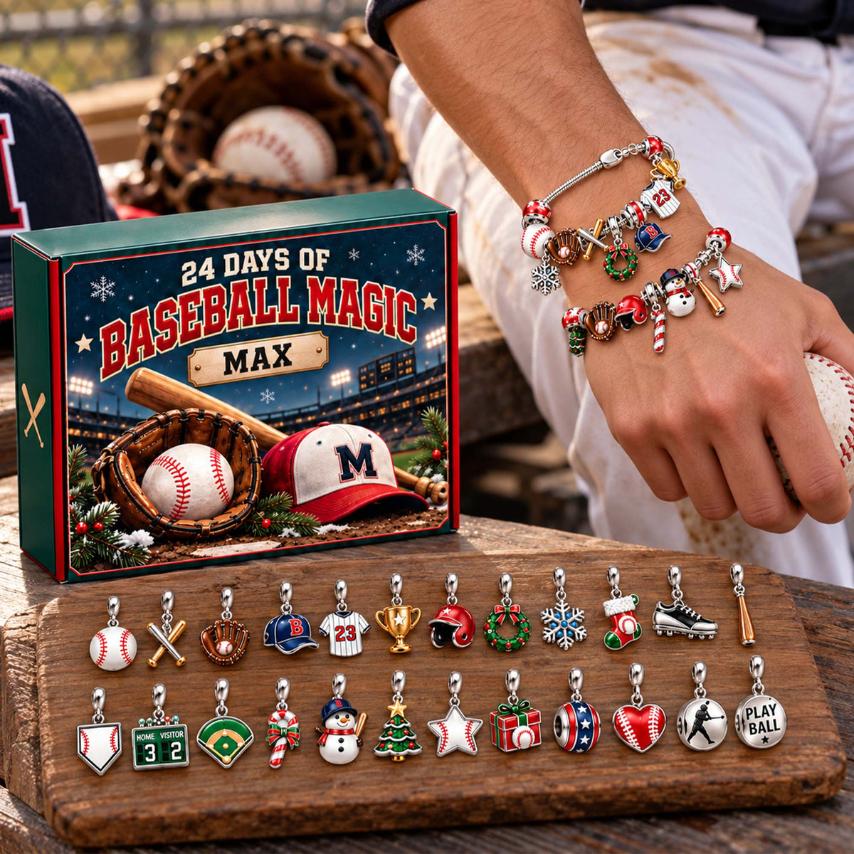 Personalized Baseball Christmas 24 Days Advent Calendar Bracelet Set With 24 Charms