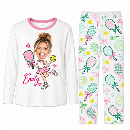Custom Face & Name Cute Pickleball Player Matching Family Pajamas