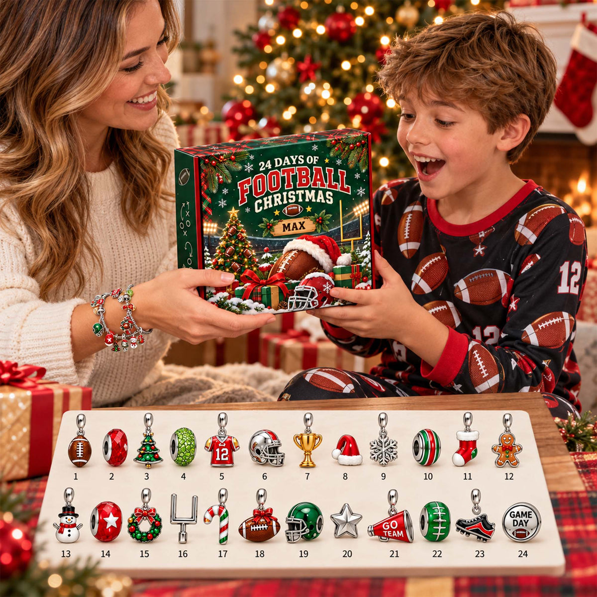 Personalized American Football Christmas 24 Days Advent Calendar Bracelet Set With 24 Charms