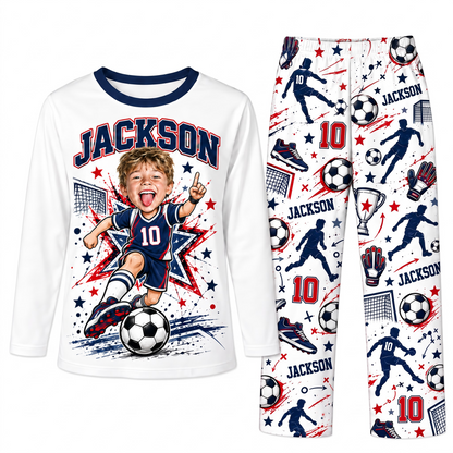 Custom Photo Name & Number Cute Soccer Player Matching Family Pajamas