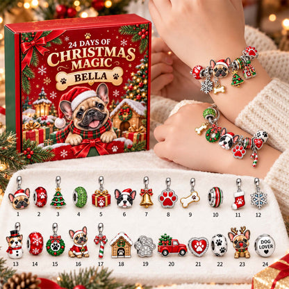 Personalized 24 Days French Bulldog Christmas Advent Calendar Bracelet Set With 24 Charms