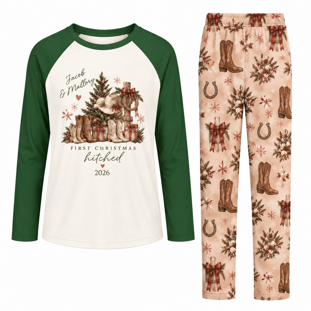 Personalized First Christmas Married Western Cowboy Couple Matching Pajamas