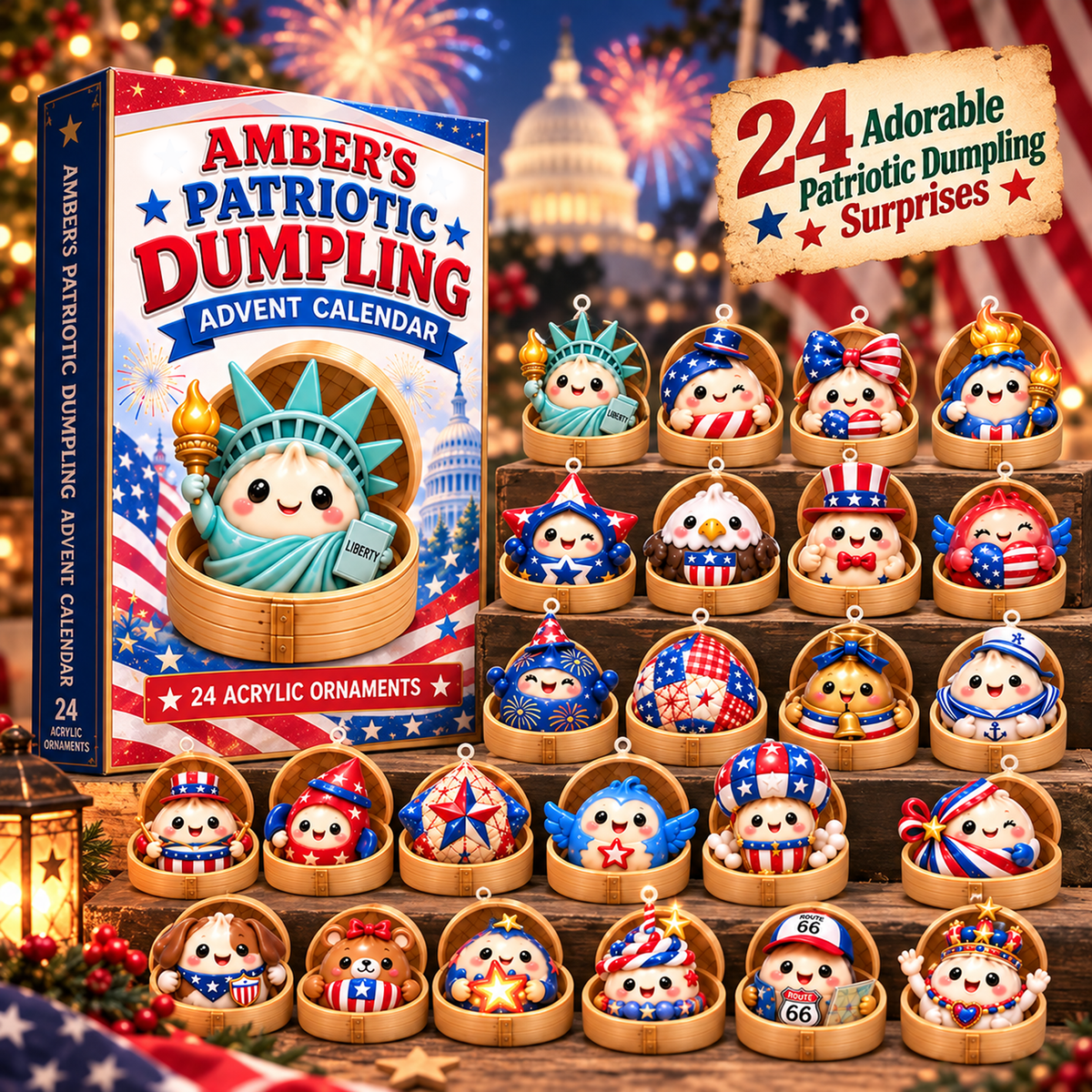Personalized Patriotic Dumpling Advent Calendar With Custom Name, 24 Acrylic Christmas Ornaments
