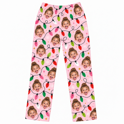 Custom Photo Christmas Lights Lounge Pants – Personalized Face Sleepwear & Pajama Pant