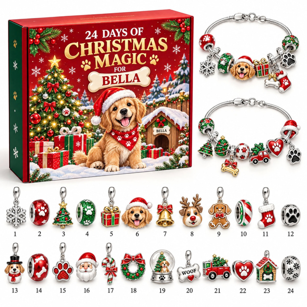 Personalized Dog Christmas 24 Days Advent Calendar Bracelet Set With 24 Charms