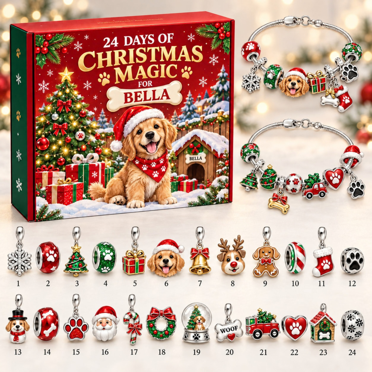 Personalized Dog Christmas 24 Days Advent Calendar Bracelet Set With 24 Charms