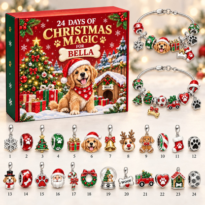 Personalized Dog Christmas 24 Days Advent Calendar Bracelet Set With 24 Charms