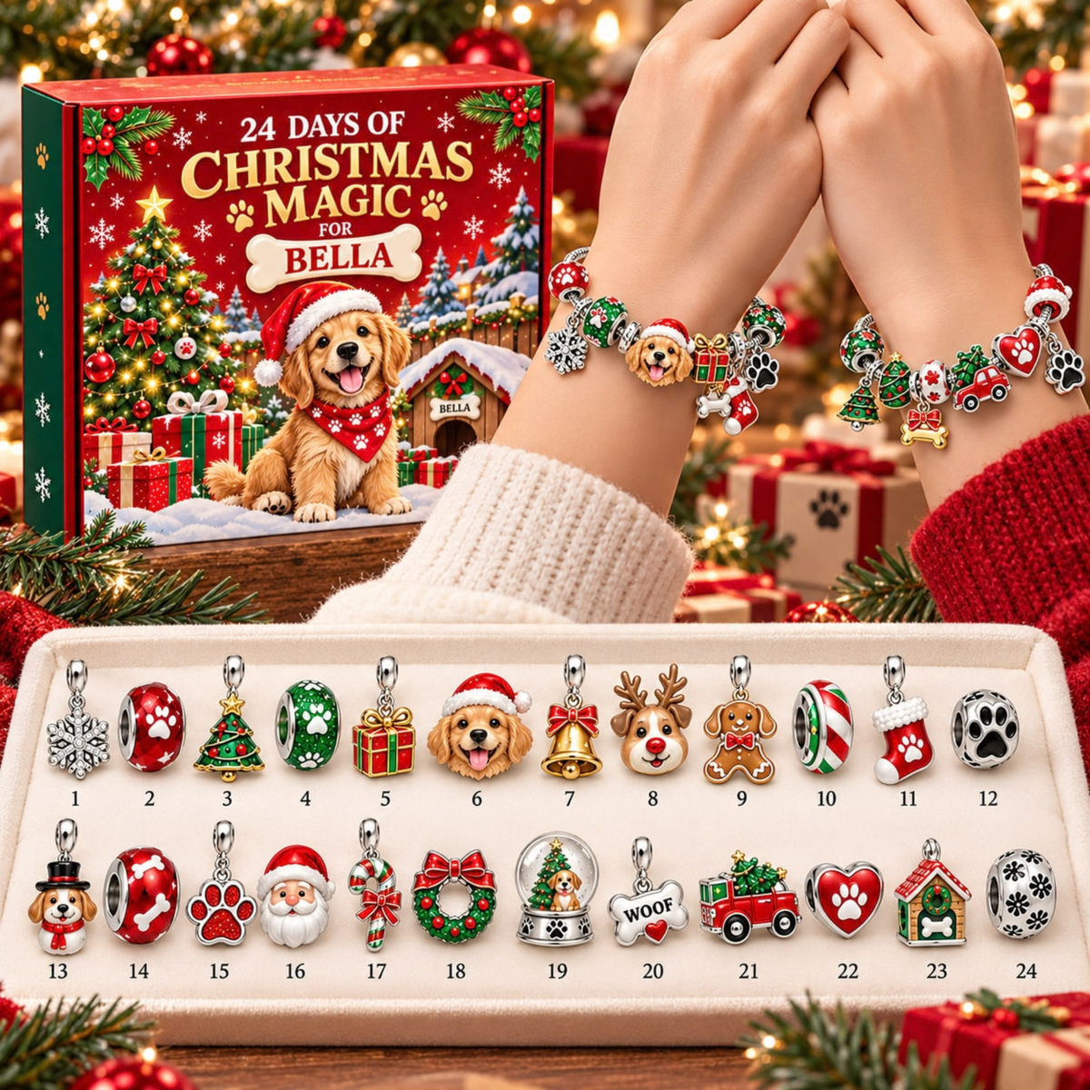 Personalized Dog Christmas 24 Days Advent Calendar Bracelet Set With 24 Charms