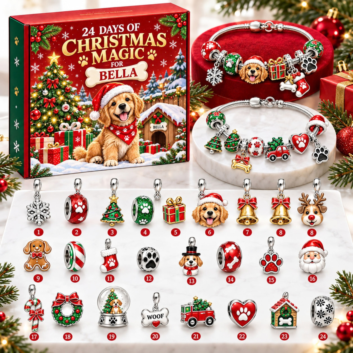 Personalized Dog Christmas 24 Days Advent Calendar Bracelet Set With 24 Charms