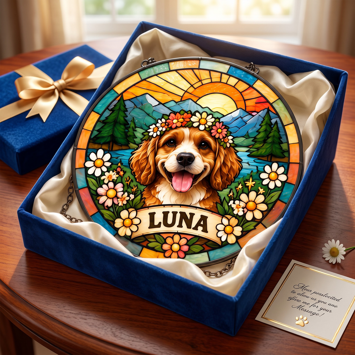 Personalized Hippie Pet Portrait Stained Glass Suncatcher – Custom Pet Name, Groovy Floral Peace Sign Window Hanging Gift