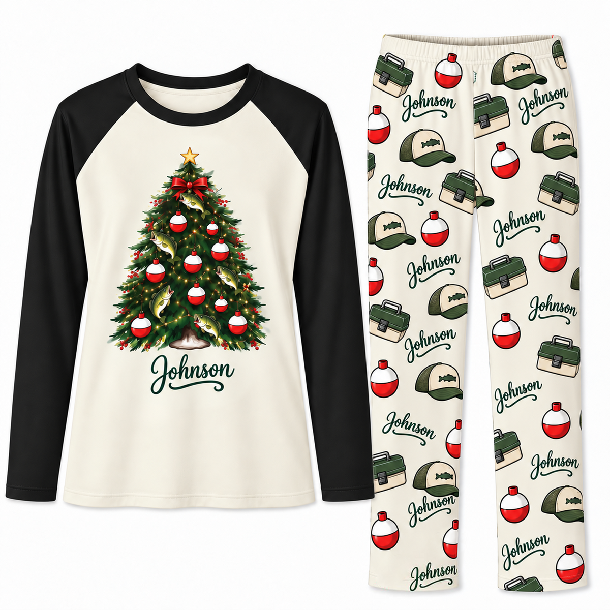 Custom Name Cute Fishing Christmas Tree Pajama Sets