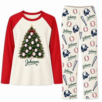Personalized Name Festive Baseball Christmas Tree Matching Family Christmas Pajamas
