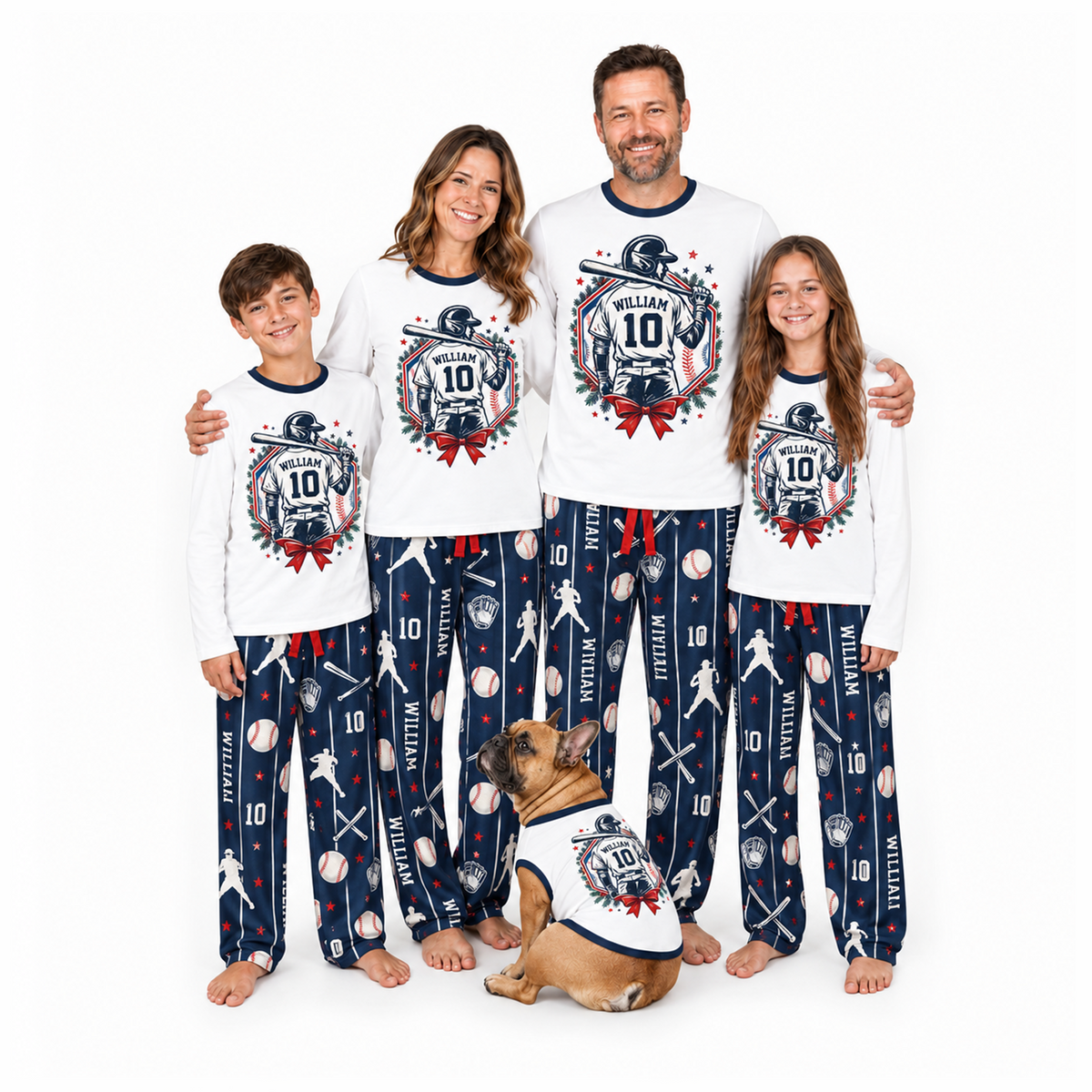 Personalized Cute Baseball Player Christmas Wreath Matching Family Christmas Pajamas With Custom Name & Number