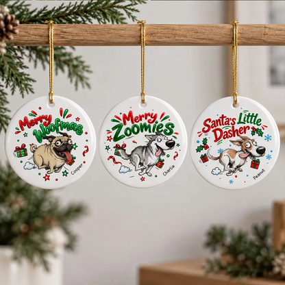 Merry Zoomies Quirky Dog Portrait From Your Custom Pet Photo - Personalized Ceramic Ornament - Funny Christmas Gift For Dog Lover